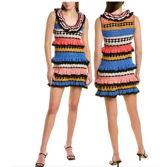 $950 Zimmermann Handmade Real Croch Tiggy Frill Tiered Pompom Dress Resort Sz 12 - Picture 3 of 16